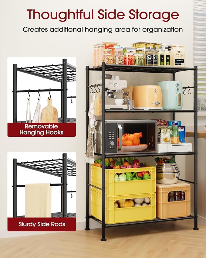 Sakugi Storage Shelves - 4-Tier Spacious Shelf Organizer with Hooks & Leveling Feet, Easy to Assemble, Rust-Resistant Garage Shelving for Kitchen, Pantry, Bedroom, 33.2" x 12.7" x 57.3", Black - Image 5