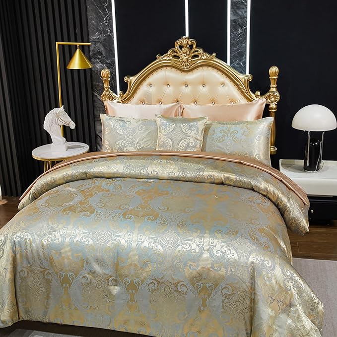 Gold Comforter Set with Taupe Sheet Set Jacquard Bedding Set 8 Pcs Vintage Neoclassical Floral Elegant Bed Home Decor Soft Comforter Luxury Hotel Silky Bed in a Bag Queen with 1 Cushion Cover