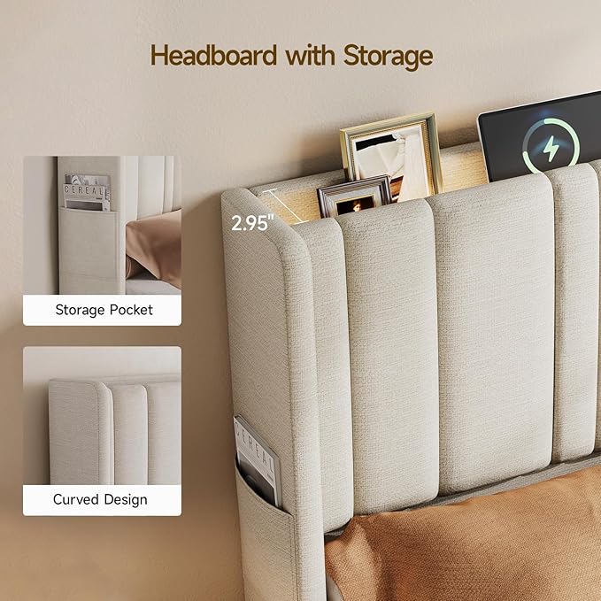 ONBRILL Queen Size Headboard with Storage, LED Light, Linen Vertical Wingback Headboard with Charging Station, Upholstered Head Board Queen w/High-Density Sponge Padding, 2 Storage Pockets, Off White
