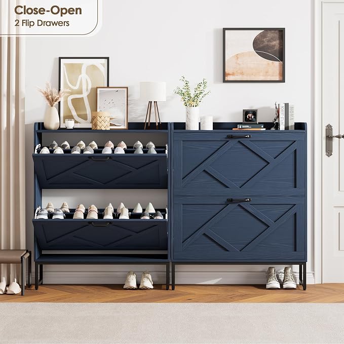 Nicetree Shoe Storage Cabinet, Shoe Cabinet with 2 Flip Drawers, Narrow Shoe Rack Cabinet, Farmhouse Slim Shoe Cabinet Storage for Entryway,Blue - Image 3