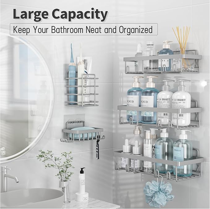 Liuoud 5 Pack Shower Caddy Organizer Rack Shelf for Inside Shower, Self Adhesive Bathroom Wall Storage Basket Rustproof Stainless Steel Large Capacity Shampoo Holder, Grey - Image 3