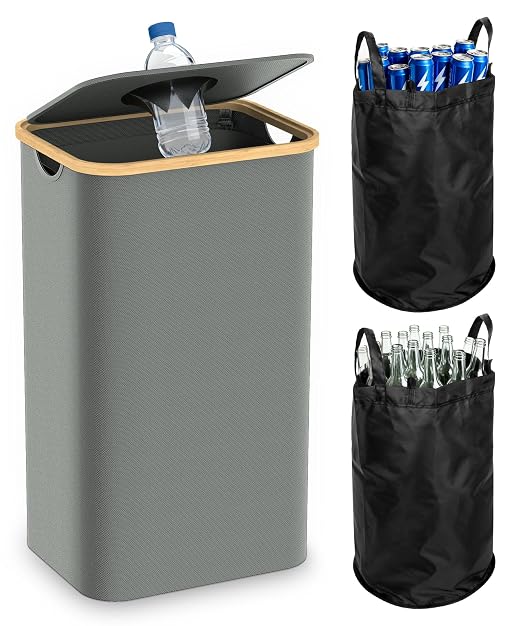 Recycling Bins for Kitchen, 26 Gallon (100L) Recycle Bin with lid, Indoor Oxford Fabric Recycling Trash Can with 2 Pack Removeable and Reusable Inner Bags for Bottle Can Glass Plastic Sticker, Grey by Magicheap