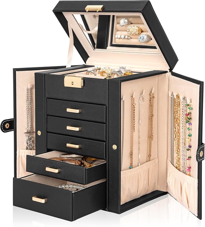 AKOZLIN 6-Tier Jewelry Box Lockable Leather Jewelry Storage Case with 5 Drawers for Women Girls Ring Necklace Earring Bracelet Holder Organizer with Mirror - Image 2