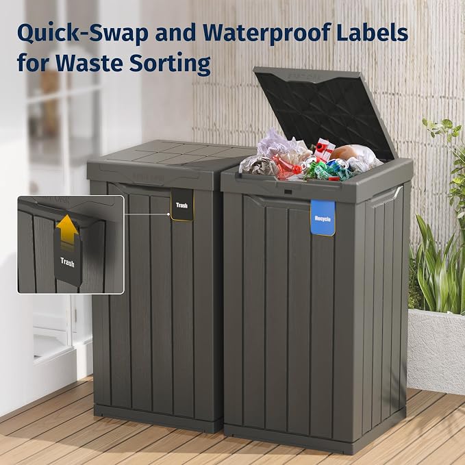 EAST OAK 31 Gallon Outdoor Trash Can | Waterproof Resin Garbage Can with Recycle and Garbage Labels | Secure Bag Lip Lock and Drip Tray | Outside Trash Bin for Patio | Kitchen, Backyard or Deck | Gray - Image 4