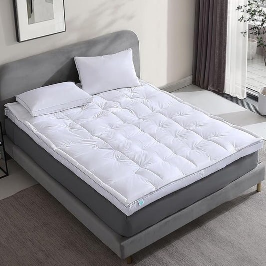 Martha Stewart 3 Inch White Down Feather Mattress Topper - Queen Size Fluffy White Feather Bed Topper 100% Cotton Cover Fabric Ultra Soft Pillow Top Featherbed for Bedroom（60" x 80"）