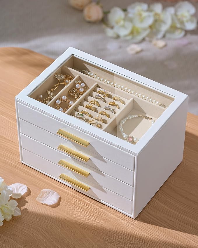 pickpiff Jewelry Box Organizer Case for Women: 4-Layer Jewelry Storage Case with Glass Window, Pure White Leather with Velvet Holder for Ring Necklace Bracelet Brooch Watch, Great Gift for Her - Image 3