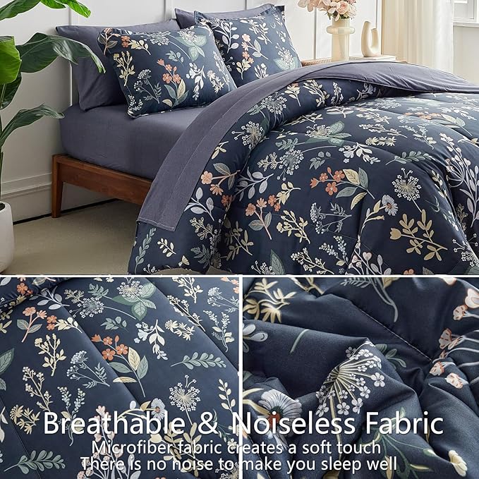 AIKASY 7-Piece Queen Size Bed in a Bag Comforter Set - Blue Fog Floral Ensemble with Reversible Botanical Flowers Comforter, Sheets, Pillowcases & Shams
