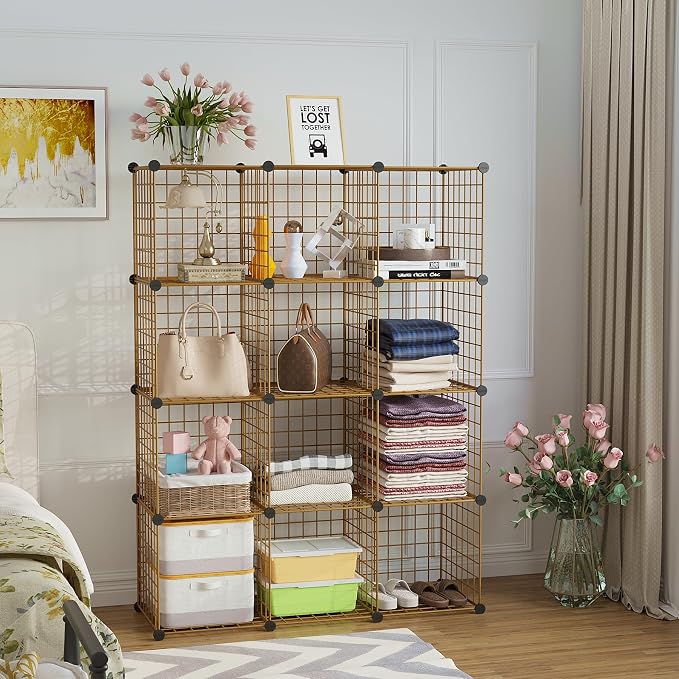 C&AHOME Wire Cube Storage, 12 - Cube Organizer Metal C Grids, Modular Shelves Units, Closet Organizer, Ideal for Home, Office, Living Room, 36.6”L x 12.4”W 48.4”H, Brown UWCS3012R - Image 2
