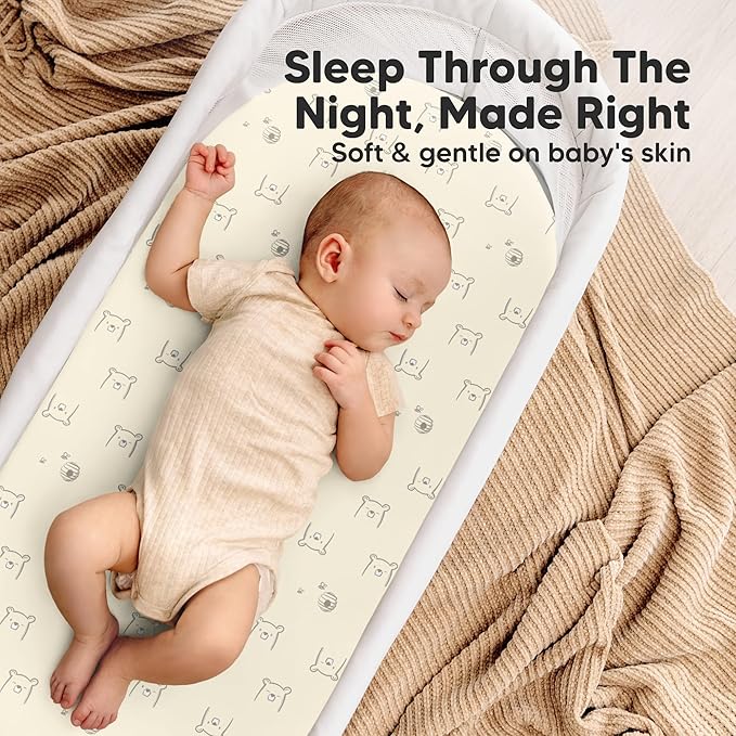 2-Pack Waterproof Bassinet Sheets Boy, Girl - 33x17 Baby Bassinet Mattress Protector Cover, Viscose Derived from Bamboo, Compatible with Graco, Baby Delight,Halo Bassinest Swivel Sleeper (Bumble Bear)