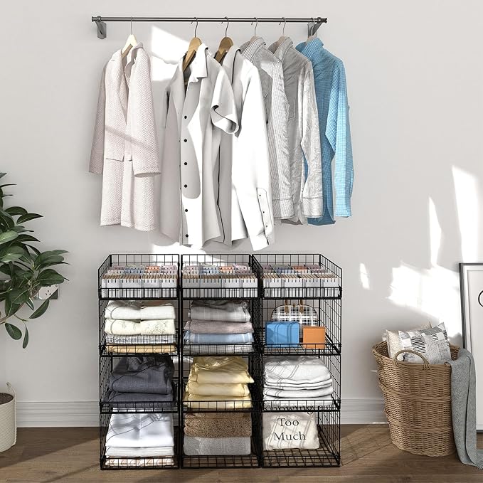 4 Pack Closet Organizers and Storage Shelves for Clothes, 4 Tier Stackable Closet Storage Basket Bin Container for Clothing Sweater Jean, Narrow, Foldable, Sturdy Metal System Organizer Shelf - Image 6