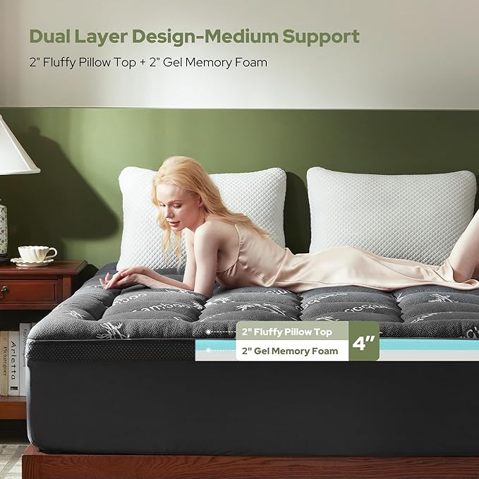 BEDLORE 4 Inch Memory Foam Mattress Topper Full,2-in-1 Dual Layer Design (2" Gel Memory Foam + 2" Plush Pillow Top Cover) Mattress Topper Medium-Firm,Pressure Relief & Back Pain Support(Dark Gray)