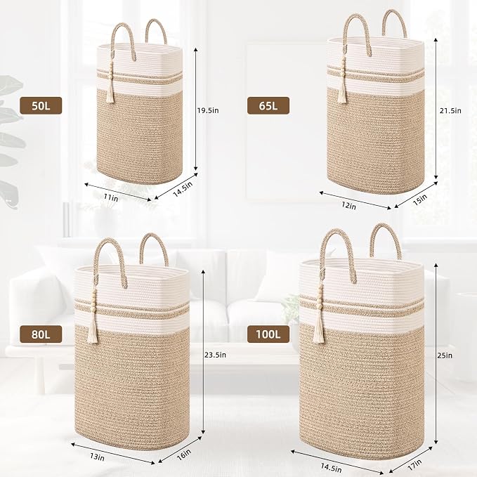 Woven Laundry Basket for Clothes, 100 L Large Rectangle Laundry Hampers, Nursery Storage Basket for Toys, Tall Dirty Clothes Hamper for Bedroom Aesthetic, Bathroom, Laundry Room - Image 8