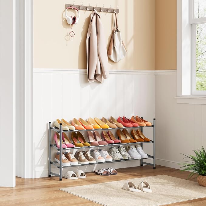 Tajsoon Expandable Shoe Rack for Closet 3 Tier, 28“-41“Adjustable & Stackable Shoe Shelf Storage, Metal Shoe Rack Organizer for Front Door Entrance, Closet, Garage, Entryway, Grey - Image 2