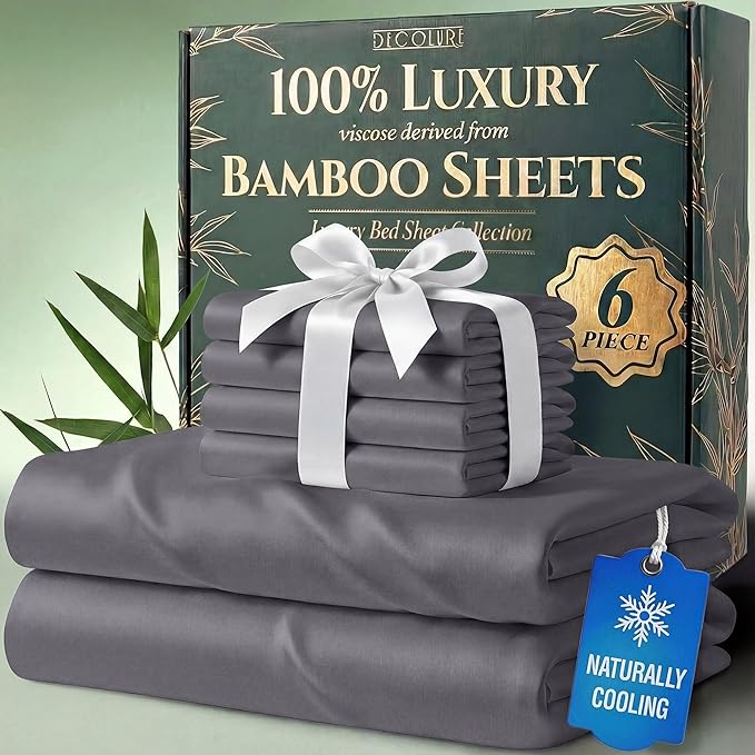 DECOLURE 100% Viscose Derived from Bamboo Sheets Full Size - Luxury 6 Pc Naturally Cooling Sheets, Ultra Soft Bed Set - Deep 17" Pockets, Durable Double Stitching, Oeko Tex Standard (Grey)
