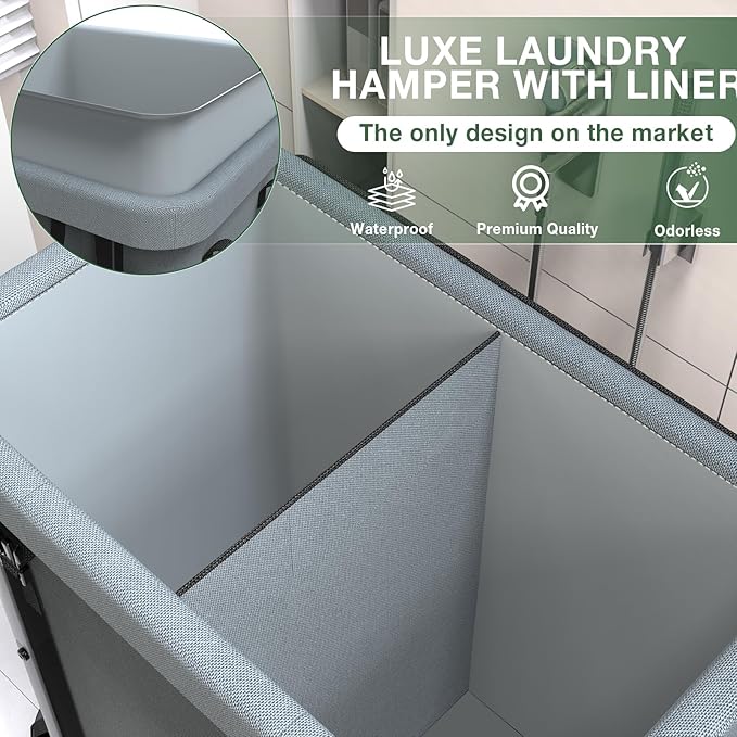 50 Gal(190L) High Grade Large Laundry Basket with Wheels, Rolling Laundry Hamper, Laundry Cart with Metal Frame and Removable Bag Design, Suitable for Laundry Room, Bedroom (Grey, 2 Section 190L) - Image 3