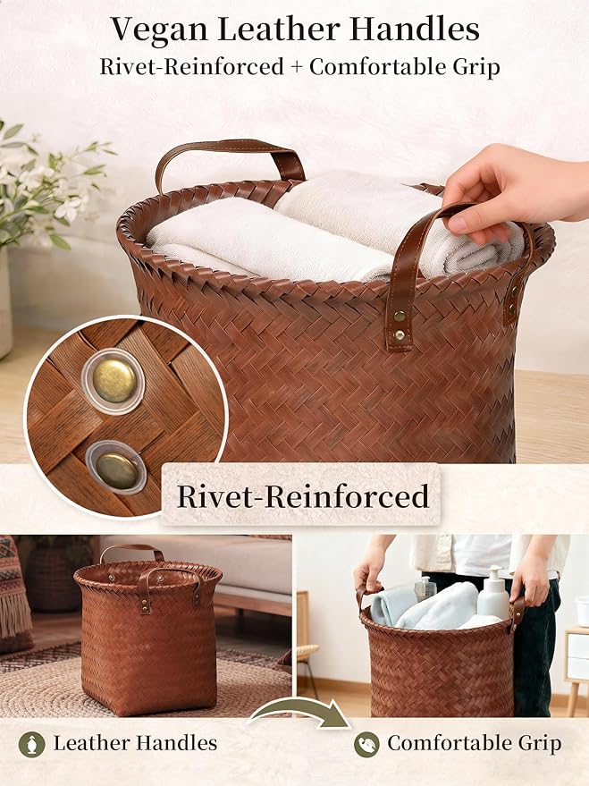 Hand Woven Baskets for Storage, 4Pcs Water-Resistant Wicker Baskets, Brown Wicker Storage Baskets for Shelves, Large Basket with Handle for Organizing, Closet, Laundry, Blanket - Round - Image 6