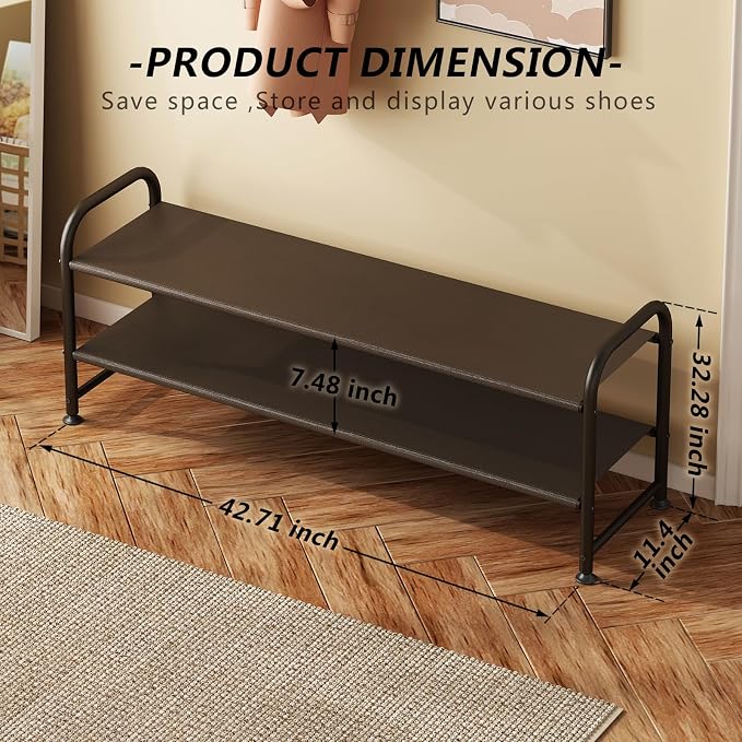 INGIORDAR Shoe Rack 2 Tier Long Storage Organizer Wide Metal Shoe Shelf for Closet Entryway Brown - Image 3