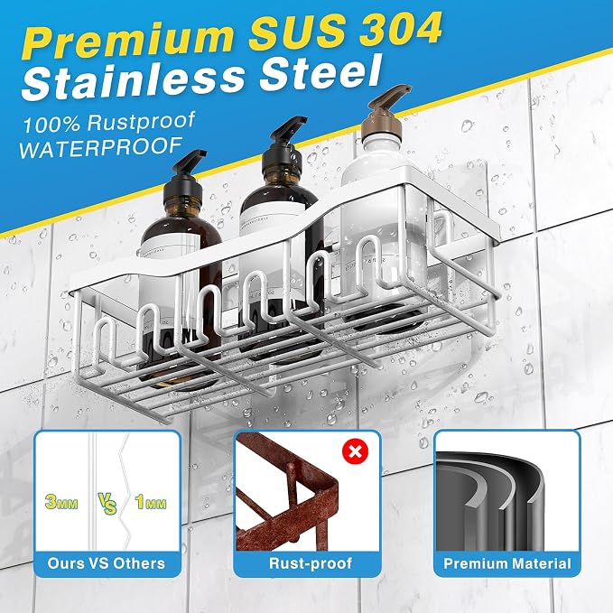 EUDELE 5-Pack Rustproof Stainless Steel Shower Caddy Set– No Drill Adhesive Bathroom Organizer, Space-Saving Shower Shelves for Apartment Essentials, Bathroom/Kitchen Storage Home Decor-L Size - Image 5