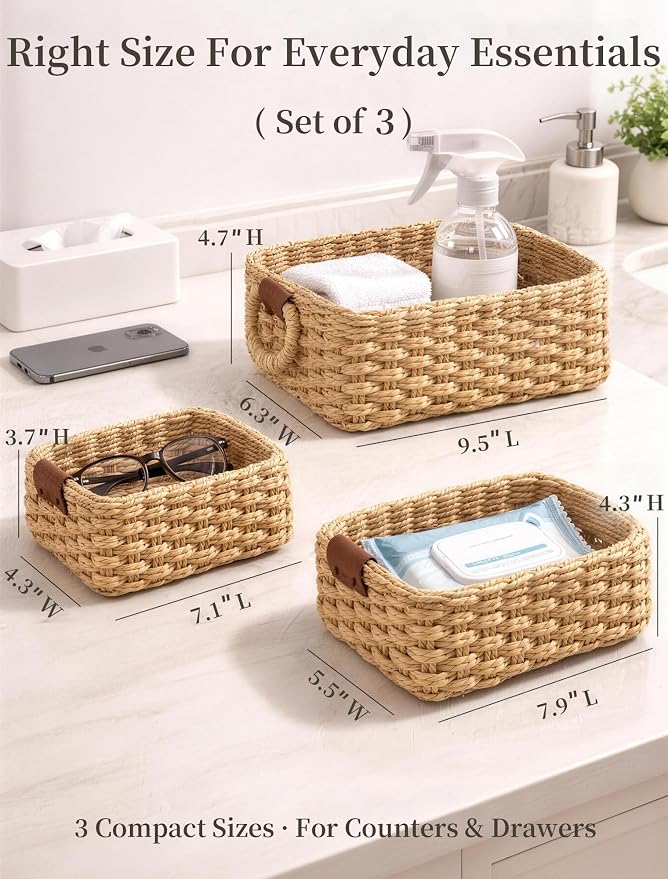 Storage Basket, Recycled Paper Rope Basket Organizer, 3Pcs Small Baskets for Organizing, Mini wicker Basket for Decorative Storage Bins, Shelves, Cabinet - Brown - Image 2