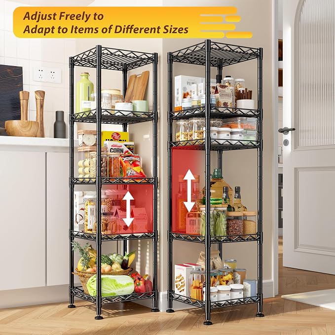 5 Tier Metal Shelving Unit Adjustable Storage Shelves:Wire Shelves Storage Rack Standing Bathroom Shelf and Narrow Small Shelf for Kitchen Pantry Closet Laundry Dorm Office 12''Wx12''Dx49''H Black - Image 4