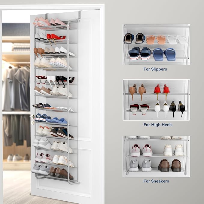 Whitmor 36 Pair Over The Door Shoe Organizer, 12 Tier Hanging Shoe Organizer, Heavy Duty Metal & Mesh Shoe Holder, Hanging Shoe Rack for Closet Organizer & Storage, 69"L x 21.7"W x 7.5"H, Grey - Image 5