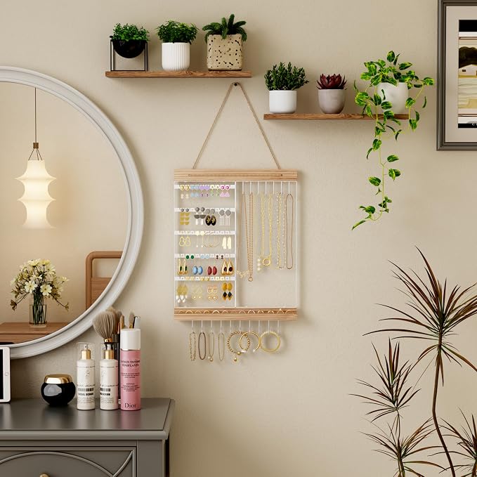 Feyejade Hanging Jewelry Organizer and Storage, 5-Tier White Earring Necklace Holder Jewelry Display Organizer Stand Rack, Wall Mounted for Earrings Necklaces Bracelets and Rings, White - Image 3