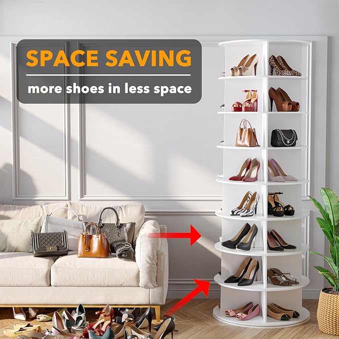 SpaceAid 8 Tier Rotating Shoe Rack Tower, Spinning Shoe Display Lazy Susan, Revolving 360 Shoe Rack Storage Round Carousel, Vertical Handbag Rotate Shoes Closet Organization (8-Tier White) - Image 3