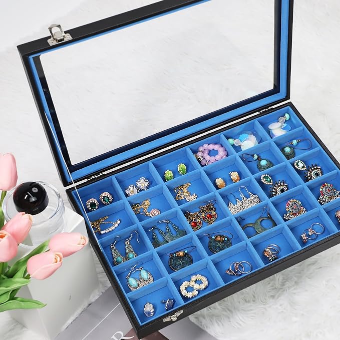Stratalife Jewelry Holder Organizer Jewelry Drawer Organizer Earring Holder Jewelry Organizer Tray Earring Organizer for Women Girls Anti Tarnish Jewelry Box 30 Grid (Blue Black) - Image 4