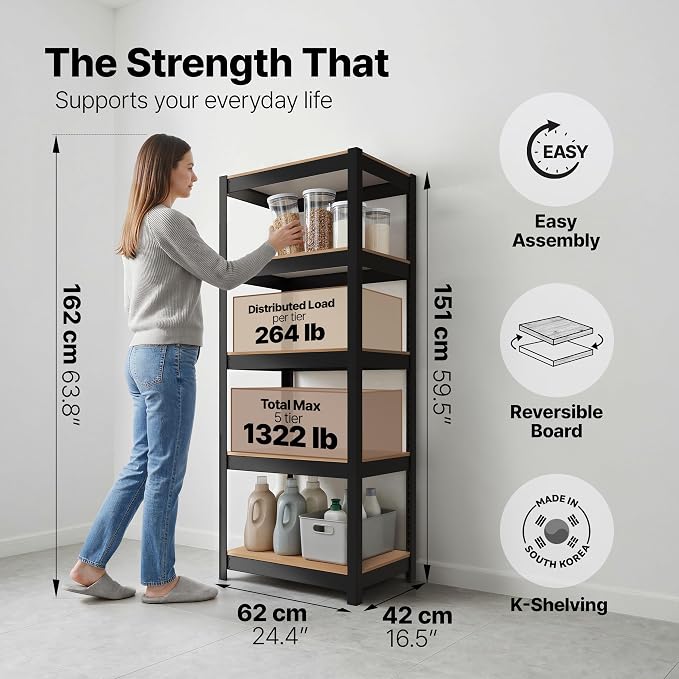 HOMEDANT House 24.4" W 5 Tier Heavy Duty Garage Shelving Adjustable Metal Rack Storage Shelves Standing Shelf Unit Organizers Pantry Closet Office Black 2Pack - Image 2