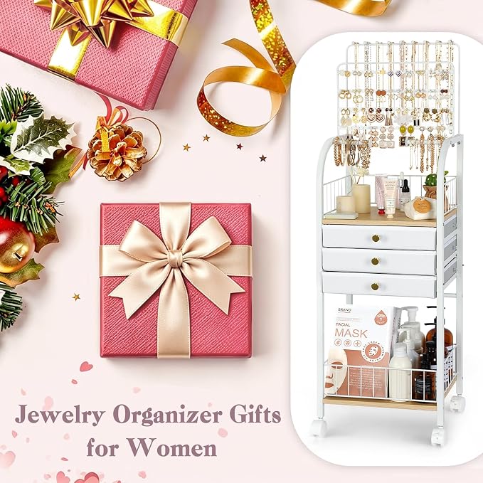 Keebofly Jewelry Organizer Stand with 3 Drawers, Large Necklace Holder & Earring Organizer Rack, Wooden Jewelry Tree Tower for Rings, Bracelets, Sunglasses and Skincare, Gift for Women, White - Image 7