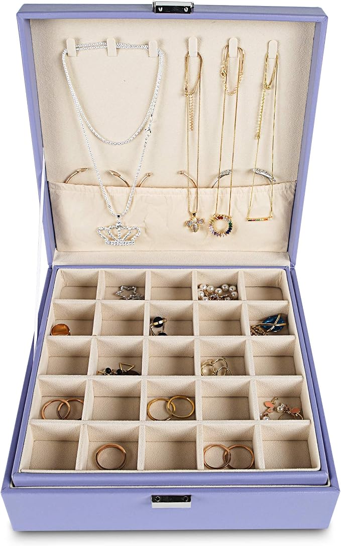 Frebeauty Earring Organizer Classic Jewelry Box 50 Slots Double Layer Jewelry Storage Case with 6 Necklace Hook and Bracelet Pocket(Purple) - Image 2