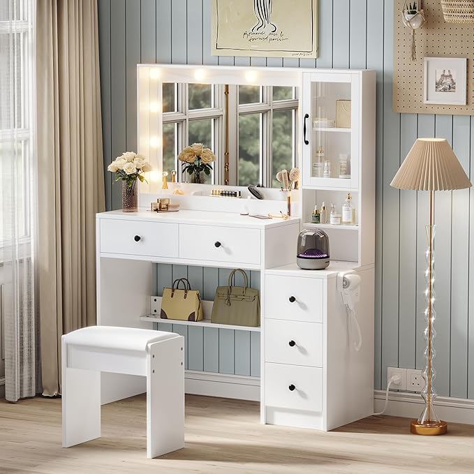 UGTOO White Vanity Table with Drawer Dresser, Farmhouse Vanity Makeup Desk with Charging Station, Vanity Desk with Lights Mirror & Drawers for Makeup, Vanity Desk with Storage Shelf & 5 Drawers