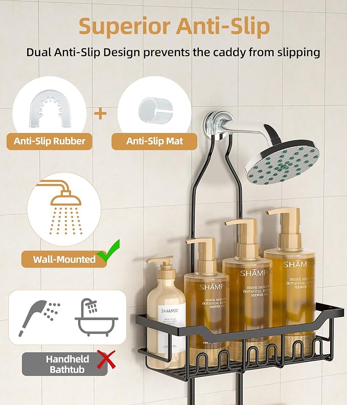 Adjustable Shower Caddy Hanging, Extended Length Organizer Over Shower Head, 3 Tier Long Neck Shower Rack with Soap Holder for Large Storage, Black - Image 4