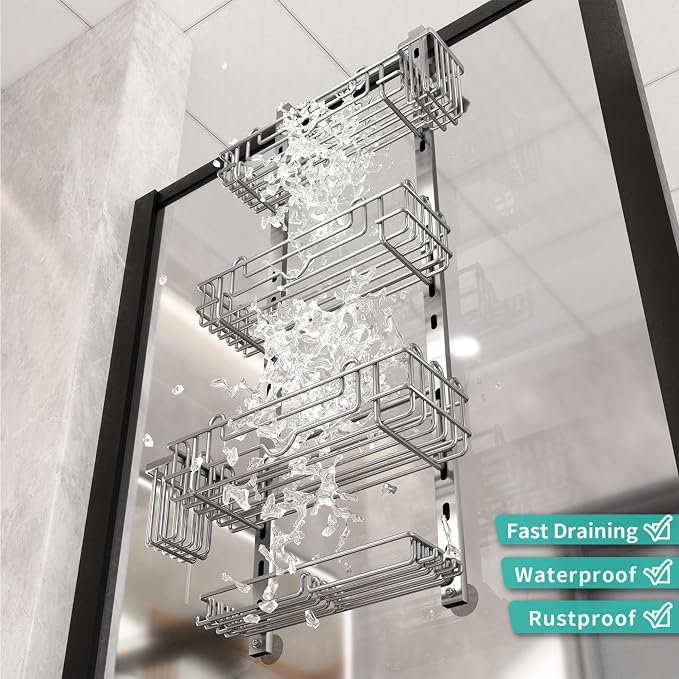 HapiRm Hanging Shower Caddy Organizer - Shower Shelf with 22 Hooks and 2 Toothbrush Holders, No Drilling Adjustable Hanging Bathroom Organizer - Silver - Image 6