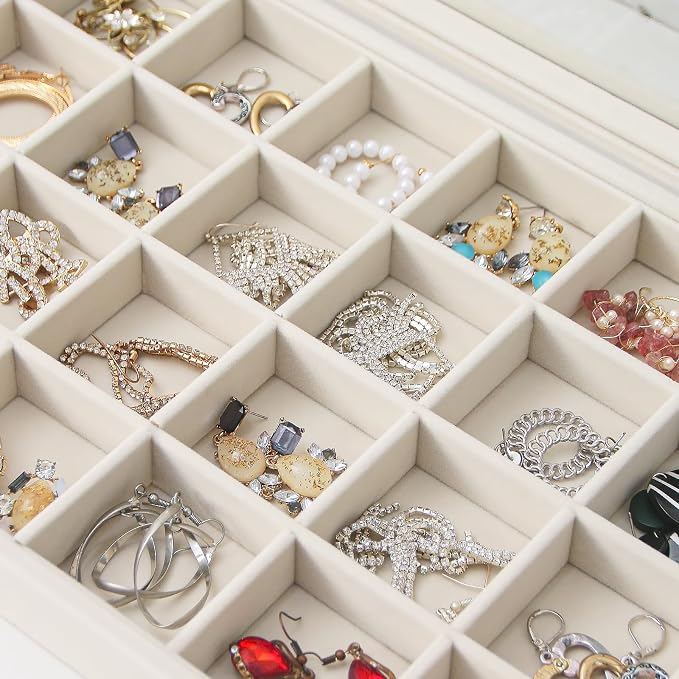 Coward Jewelry Organizer Box, Beige Velvet 24 Grids Ring Earring Jewelry Display Tray Case with Transparent Glass Lid for Home Drawer or Shop Selling - Image 5