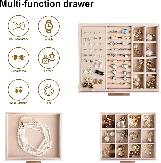 Frebeauty Clear Lid Jewelry Box,3-Layer Jewelry Organizer with Drawer,PU Leather Jewelry Organizers and Storage,Jewelry Boxes for Women,Jewelry Storage for Rings Earring Stud,Gift for Women(Pink) - Image 4