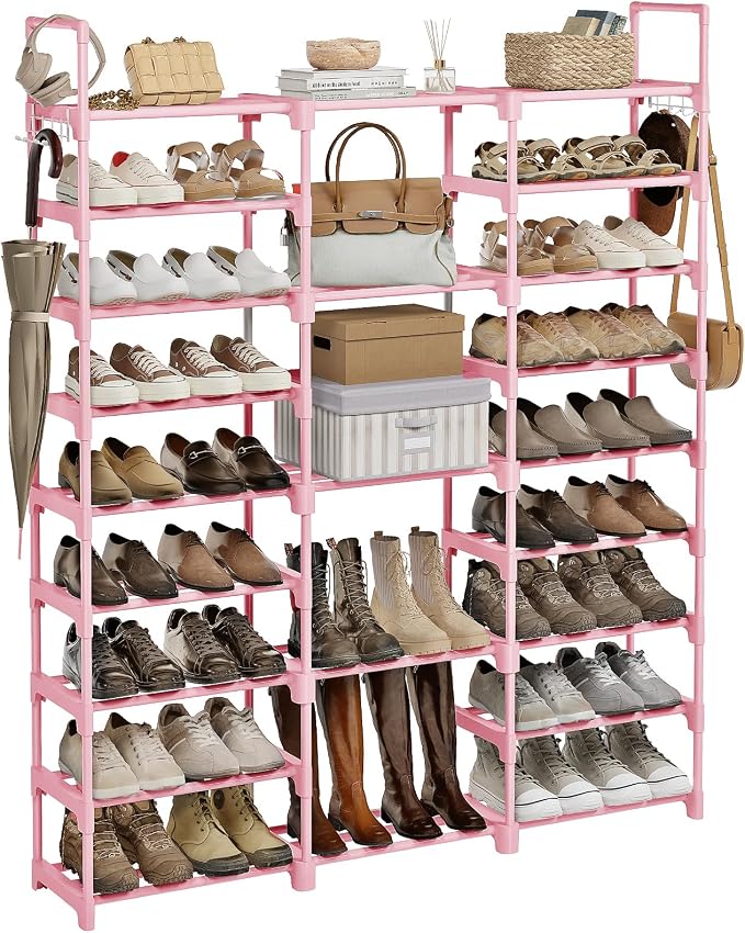 WOWLIVE 9 Tiers Shoe Rack Shoe Storage Shoe Organizer 50-55 Pairs Shoe Tower Unit Shelf Durable Metal Pipes with Plastic Connectors Stackable Cabinet Pink by WOWLIVE