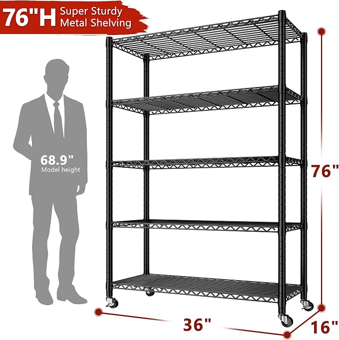 REIBII Storage Shelves Load 1980LBS,5 Tier Metal Shelving Unit with Wheels,Adjustable Wire Shelving Metal Storage Shelves Commercial Shelf for Garage Pantry Kitchen,76''HX36''WX16''D Black - Image 3