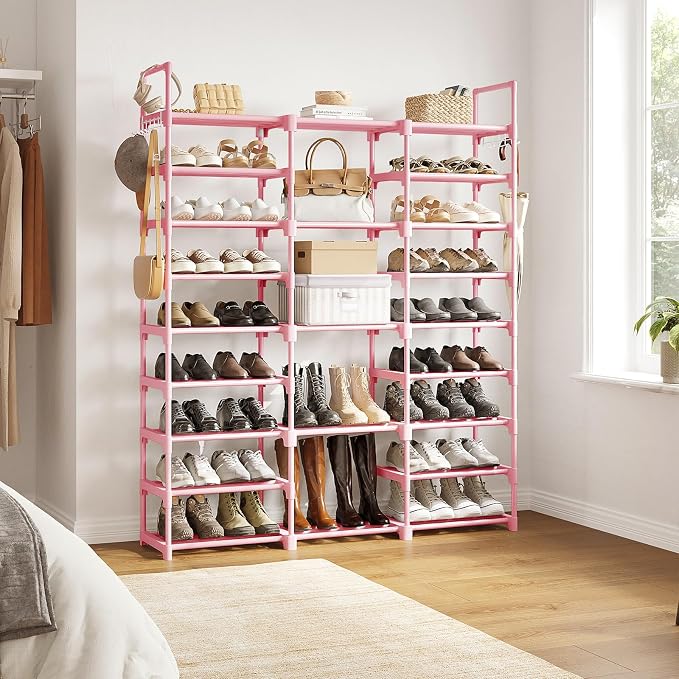 WOWLIVE 9 Tiers Shoe Rack Shoe Storage Shoe Organizer 50-55 Pairs Shoe Tower Unit Shelf Durable Metal Pipes with Plastic Connectors Stackable Cabinet Pink - Image 4