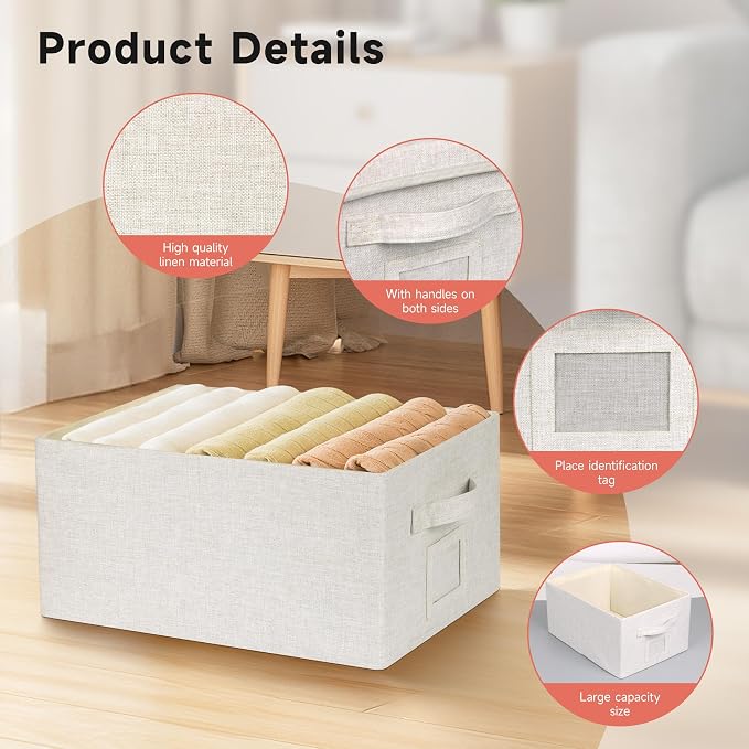 Large 17''x12'' Quart Collapsible Stackable Storage Bins with Lids, 4 Packs Off White Fabric Closet Boxes with Lids, Storage Cube Baskets Container Organizers for Bedroom Office(17''x12.2x''8'') - Image 3