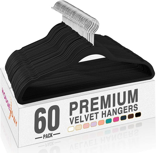 HOUSE DAY Black Velvet Hangers 60 Pack, Non Slip Clothes Felt Hanger Heavy Duty for Coat, Premium Slim Space Saving Suit Hangers for Closet Organizer, 360° Rotating Silver Hook by HOUSEDAY