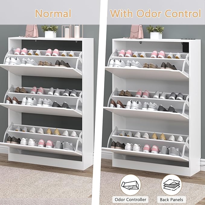 BORNOON Shoe Cabinet with Odor Control and Back Panels, Deodorizing Slim 3-Flip Shoe Storage Cabinet for Entryway, Freestanding Hidden Shoe Rack Organizer for Entrance, Hallway, Bedroom - Image 5