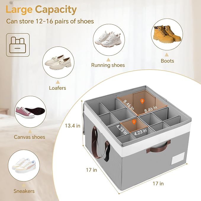 Criusia Shoe Organizer for Closet, 2 Pack Foldable Shoe Storage Organizer Box Bin with Adjustable Dividers and Clear Cover, Closet Shoe Storage for Sneakers Sandals Boots, Fit 16-32 Pairs, Gray - Image 3