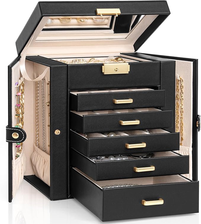 AKOZLIN Large 6-Tier Jewelry Box Lockable Leather Jewelry Storage Case with 5 Drawers for Women Girls Ring Necklace Earring Bracelet Holder Organizer with Mirror by AKOZLIN