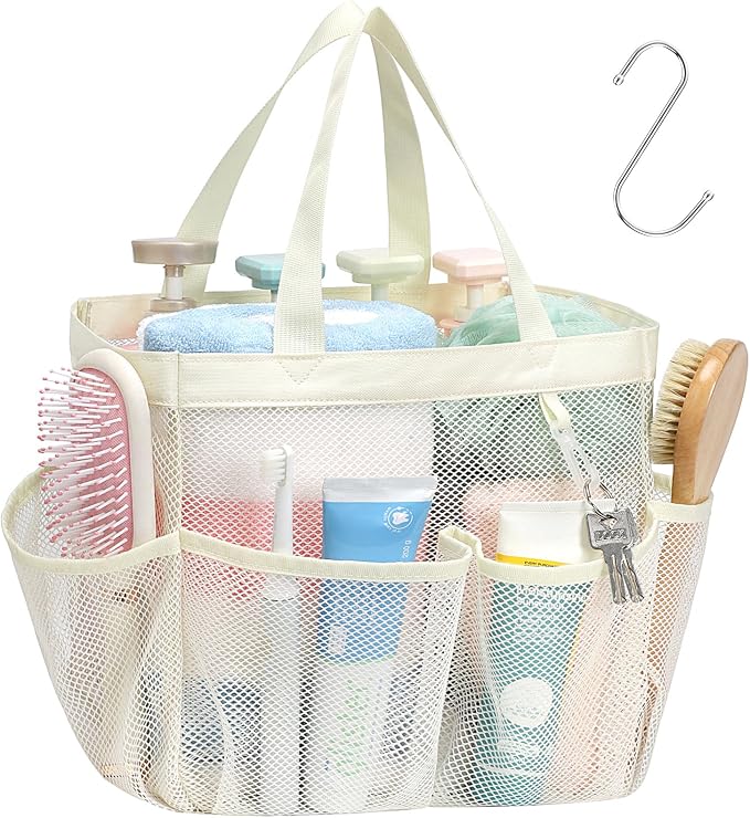 F-color Mesh Shower Caddy Portable, Upgrade Deeper 7 Pockets Shower Bag Basket Tote for College Dorm Room Toiletry Bathroom Essentials Gym Camp Quick Dry 2 handles with S Hook, Butter White by F-color