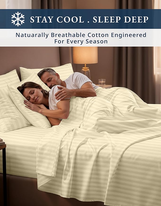 LANE LINEN Striped Sheets Set - 100% Egyptian Cotton 4 Piece Bed for Queen Size Hotel Bedding & Pillowcases 16" Deep Pocket (Fits Upto 17" Mattress) Ivory