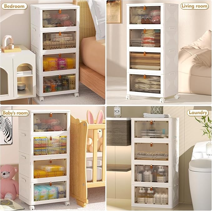 YFXCVSL 4 Tier Plastic Storage Bins with Lid 23QT, Stackable Storage Containers with Wheels, Folding Storage Boxes, Stackable Storage Bins, Organizers and Storage for Living Room,Office,Dorm - Image 3