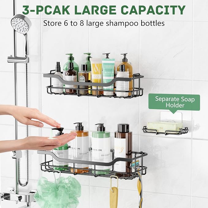 OMAIRA 3-Pack Shower Caddy with Soap Holder, Adhesive Rustproof No-drill Strudy Loading Inside Shower Organizer Shelves Rack Storage Bathroom Organization for Smooth Wall Glass Tile (Large) - Image 2