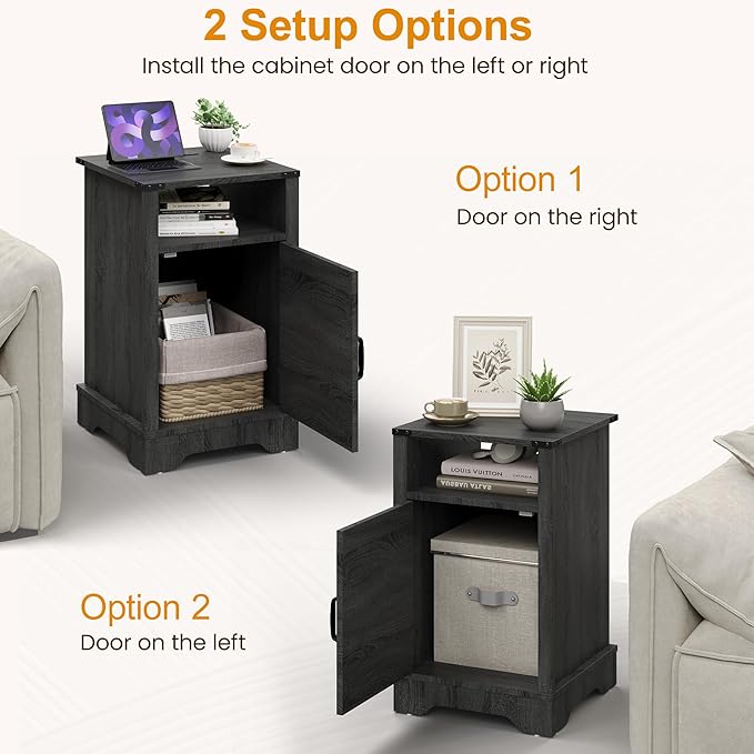 RoyalCraft 25" Tall Nightstands Set of 2, Farmhouse LED Nightstand with Charging Station, Wood End Table with Storage, Bedside Table for Bedroom, Dark Grey