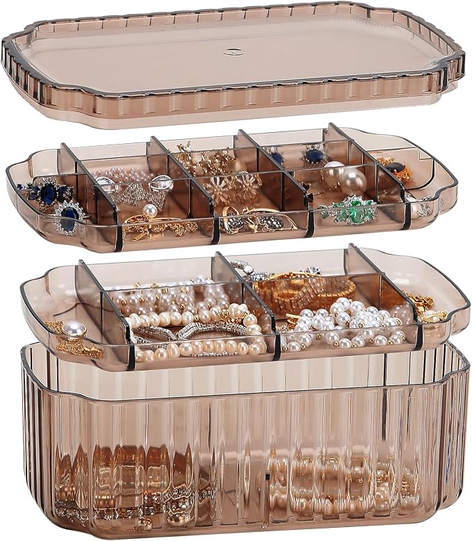 LETURE 3-Layer Jewelry Organizer Box for Earrings, Rings, Necklaces, Bracelets, Clear Plastic Bead Storage Containers for Crafts (Coffee) - Image 2